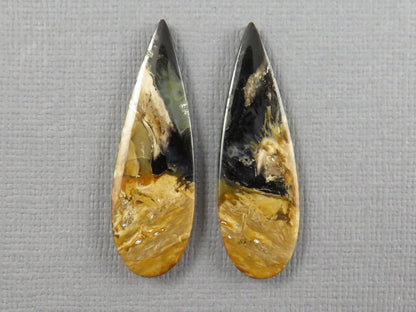 Black Fossil Palm Root Pear Cabochon Pair, Indonesia, 34.5x11mm | PRF113 - Gem Enthusiast