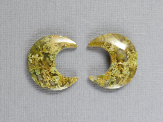 Green and Yellow Moss Agate Moon Cabochons, Carved Matched Pair, Indonesia | AG349 - Gem Enthusiast