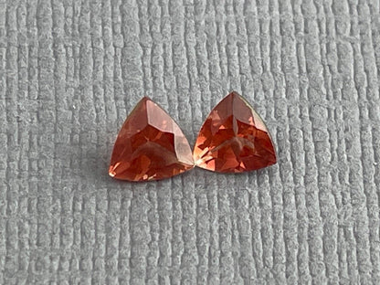 5mm Red Oregon Sunstone Trillion Gemstone Pair with Schiller | .8 carats | OSF178 - - GemEnthusiast