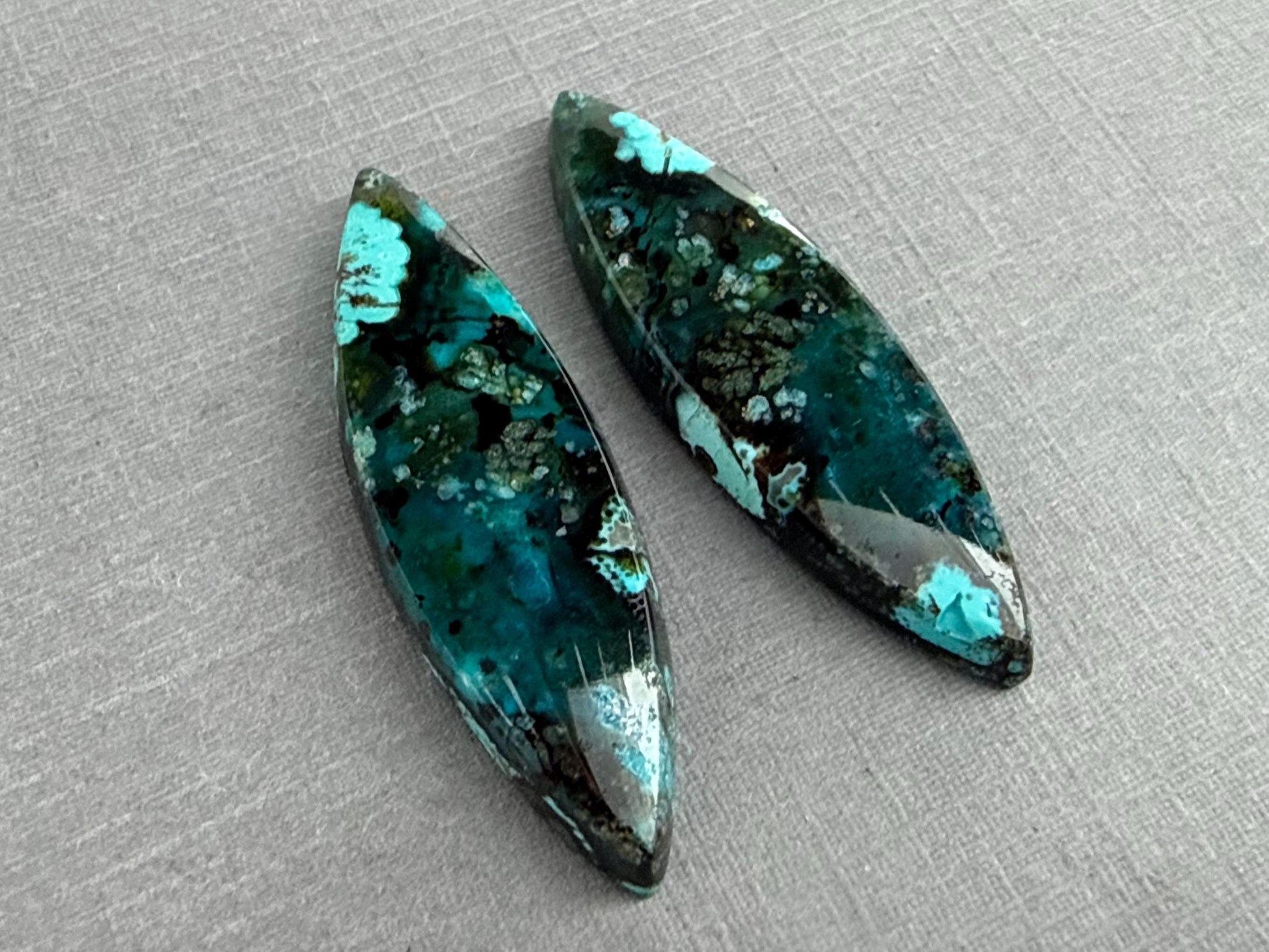 Psilomelane Chrysocolla Plume Pair | Natural Marquise Cabochon Gemstones | 38x12x4 | CH126 - Psilomelane, Chrysocolla, Chalcedony - GemEnthusiast
