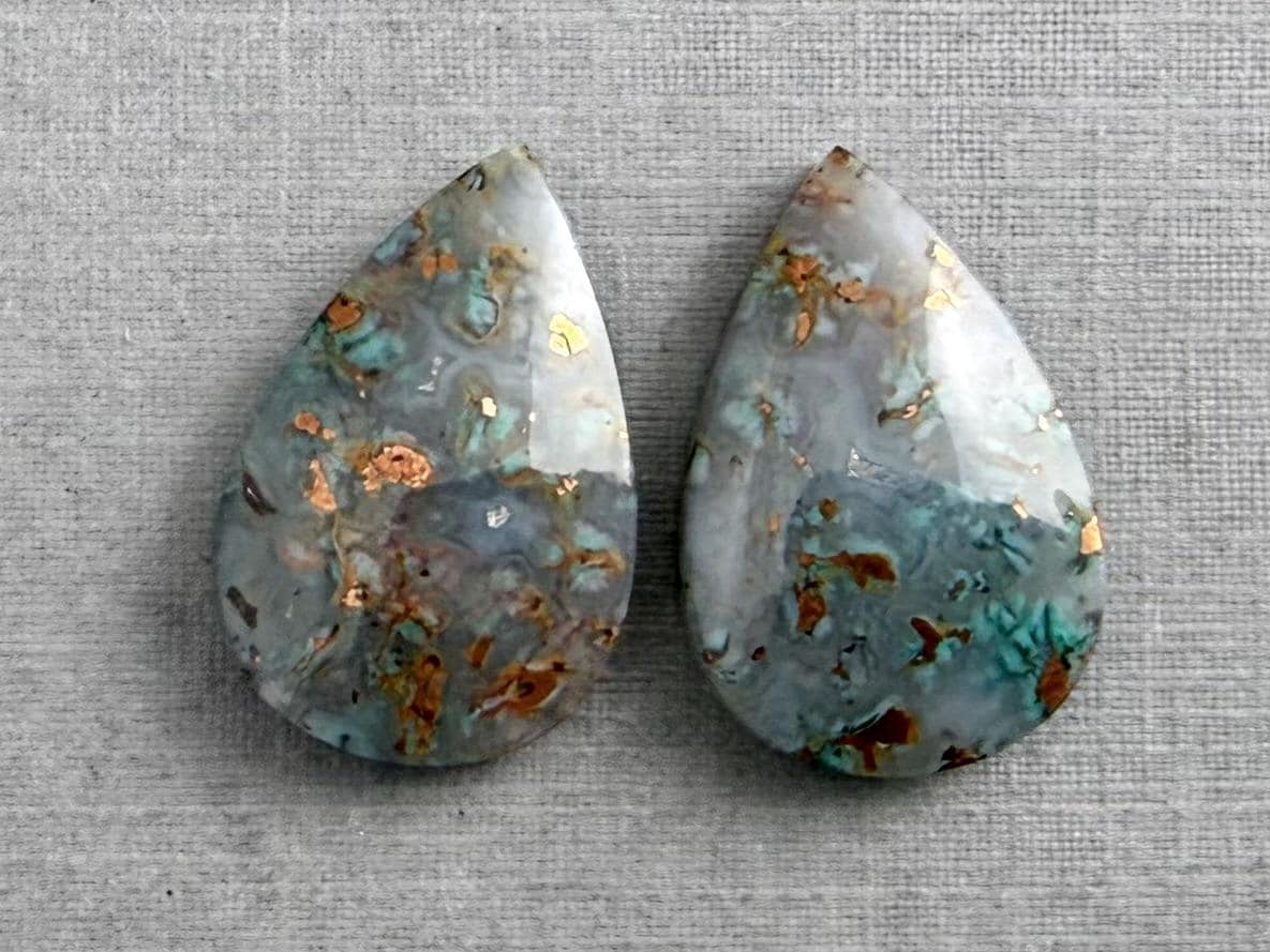 Confetti Chrysocolla in Chalcedony Pair | Natural Loose Pear Cabochon Gemstone | CA339 - Chrysocolla in Chalcedony, Confetti Chrysocolla, Copper - GemEnthusiast