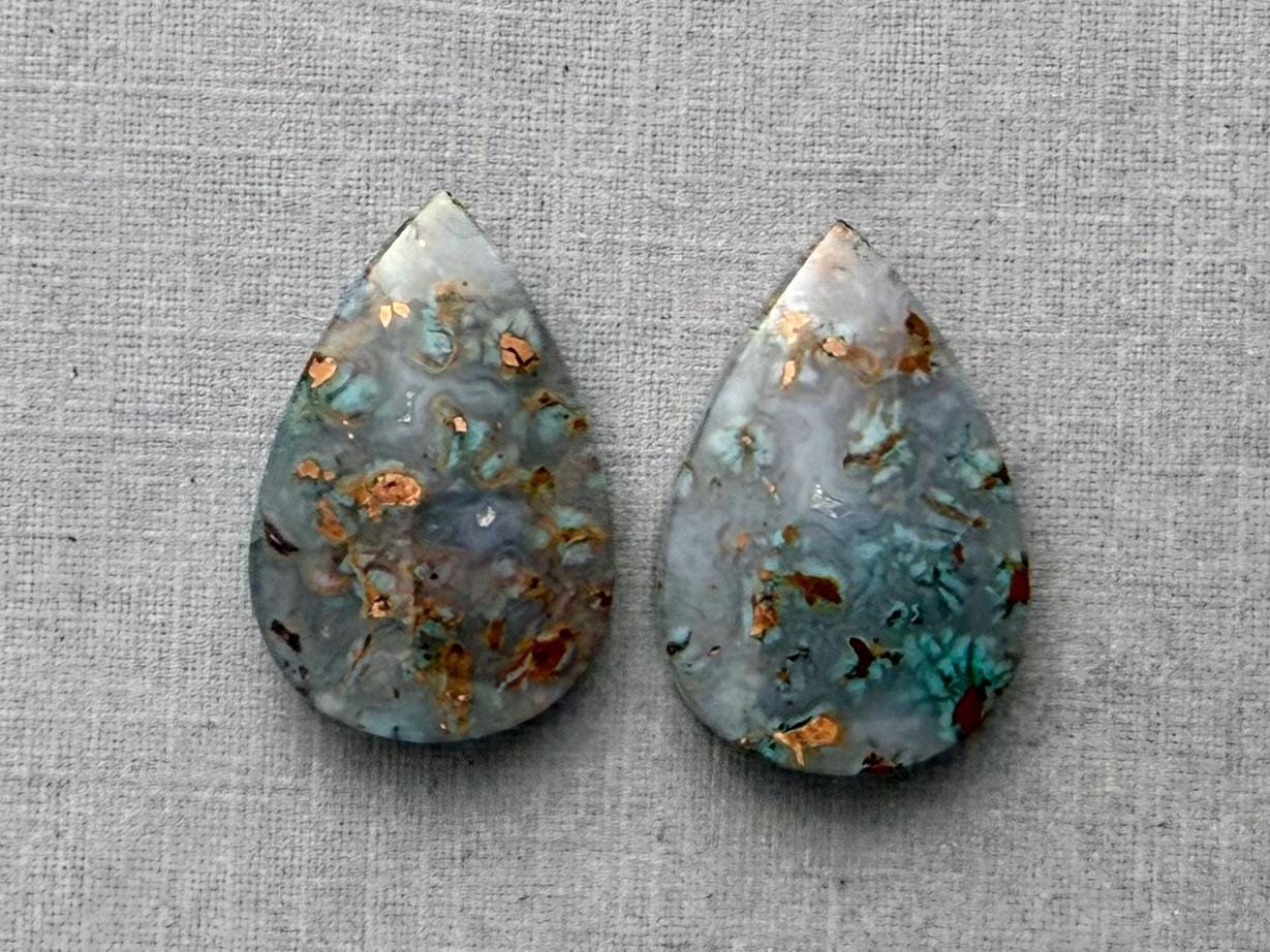 Confetti Chrysocolla in Chalcedony Pair | Natural Loose Pear Cabochon Gemstone | CA339 - Chrysocolla in Chalcedony, Confetti Chrysocolla, Copper - GemEnthusiast