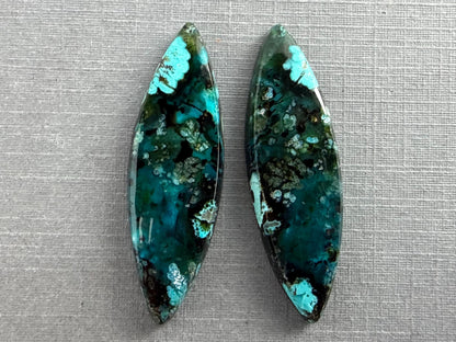 Psilomelane Chrysocolla Plume Pair | Natural Marquise Cabochon Gemstones | 38x12x4 | CH126 - Psilomelane, Chrysocolla, Chalcedony - GemEnthusiast