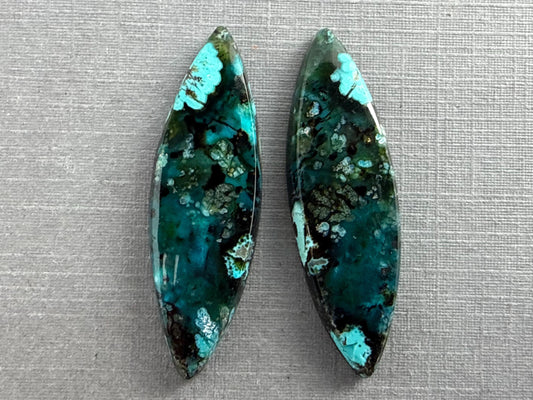 Psilomelane Chrysocolla Plume Pair | Natural Marquise Cabochon Gemstones | 38x12x4 | CH126 - Psilomelane, Chrysocolla, Chalcedony - GemEnthusiast