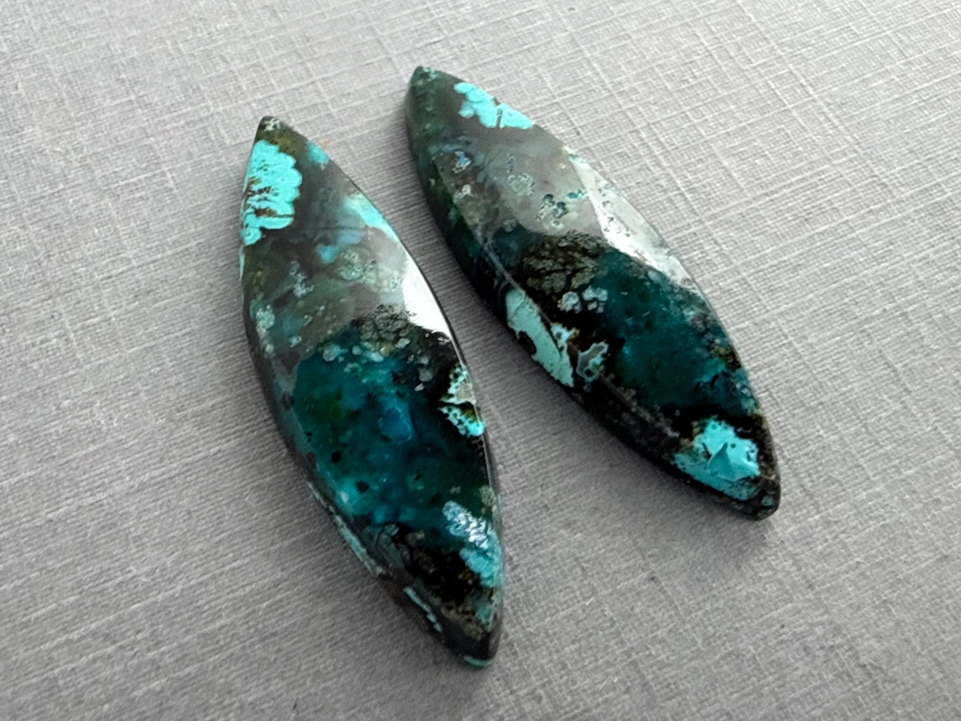 Psilomelane Chrysocolla Plume Pair | Natural Marquise Cabochon Gemstones | 38x12x4 | CH126 - Psilomelane, Chrysocolla, Chalcedony - GemEnthusiast