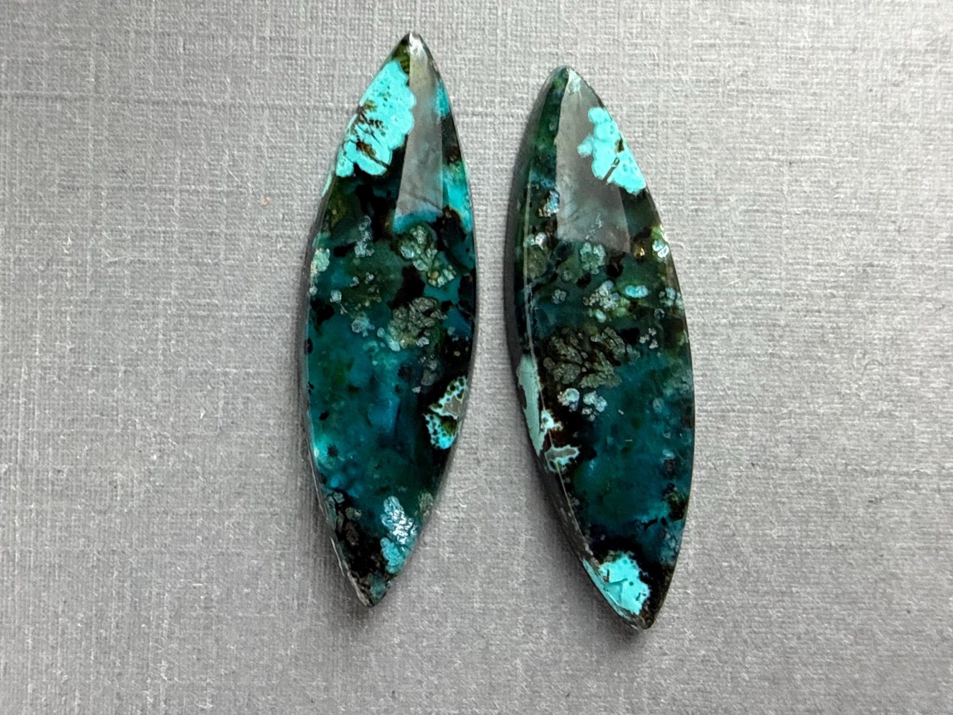 Psilomelane Chrysocolla Plume Pair | Natural Marquise Cabochon Gemstones | 38x12x4 | CH126 - Psilomelane, Chrysocolla, Chalcedony - GemEnthusiast