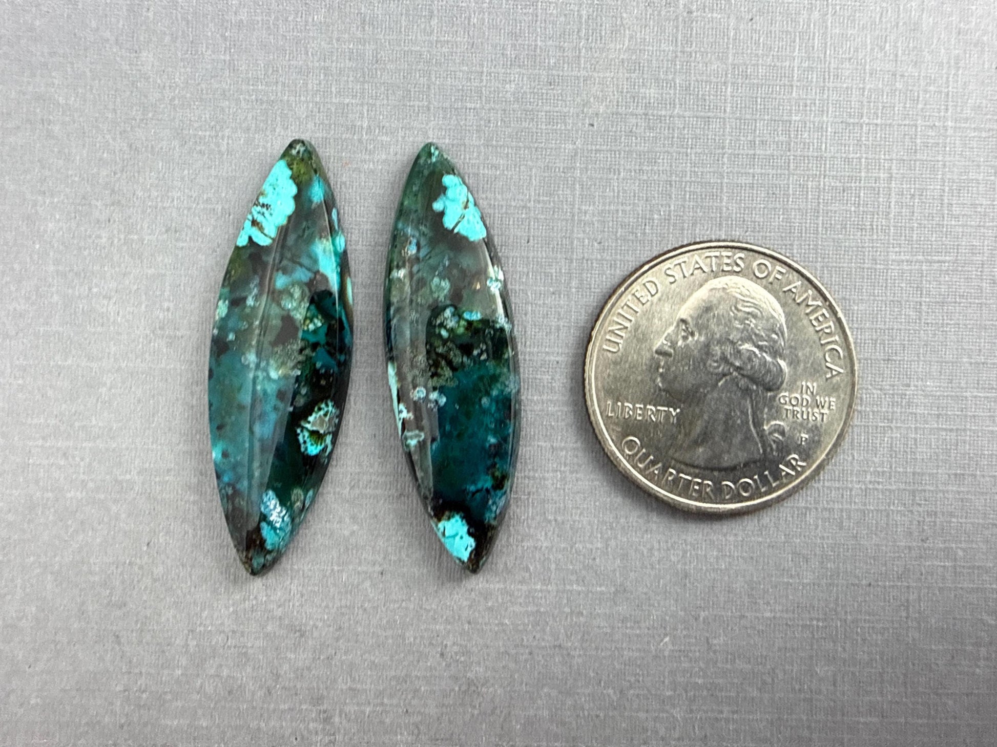 Psilomelane Chrysocolla Plume Pair | Natural Marquise Cabochon Gemstones | 38x12x4 | CH126 - Psilomelane, Chrysocolla, Chalcedony - GemEnthusiast