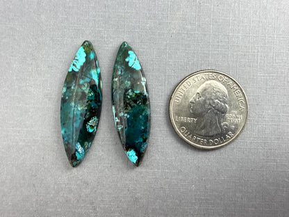 Psilomelane Chrysocolla Plume Pair | Natural Marquise Cabochon Gemstones | 38x12x4 | CH126 - Psilomelane, Chrysocolla, Chalcedony - GemEnthusiast