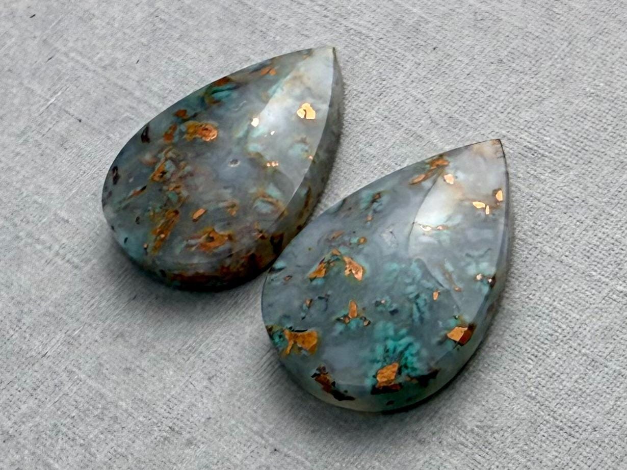 Confetti Chrysocolla in Chalcedony Pair | Natural Loose Pear Cabochon Gemstone | CA339 - Chrysocolla in Chalcedony, Confetti Chrysocolla, Copper - GemEnthusiast