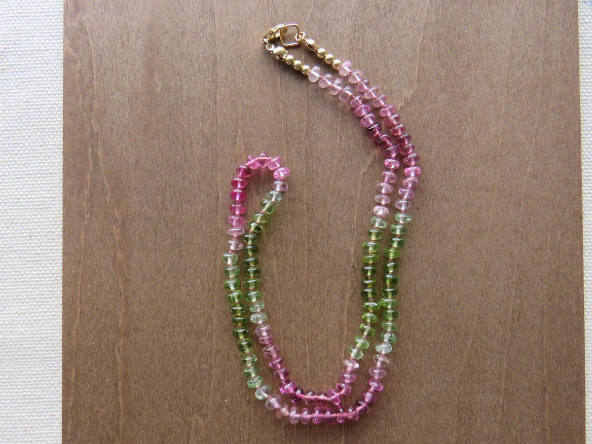 Tourmaline Necklace | Transparent Green and Pink | Hand Knotted Silk, 14k Gold Filled | October Birthstone | Layering 17.5 inches - - GemEnthusiast