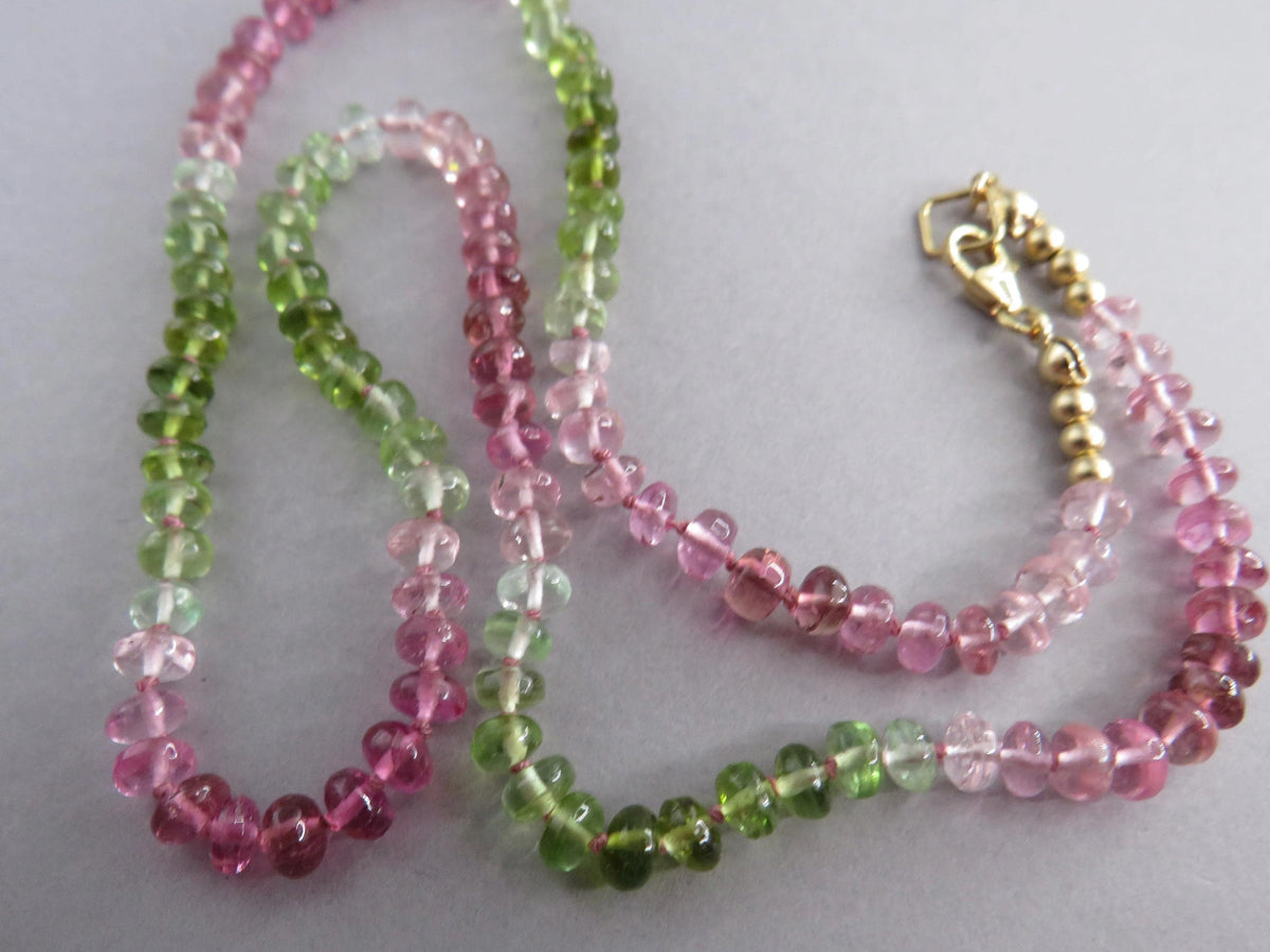 Tourmaline Necklace | Transparent Green and Pink | Hand Knotted Silk, 14k Gold Filled | October Birthstone | Layering 17.5 inches - - GemEnthusiast
