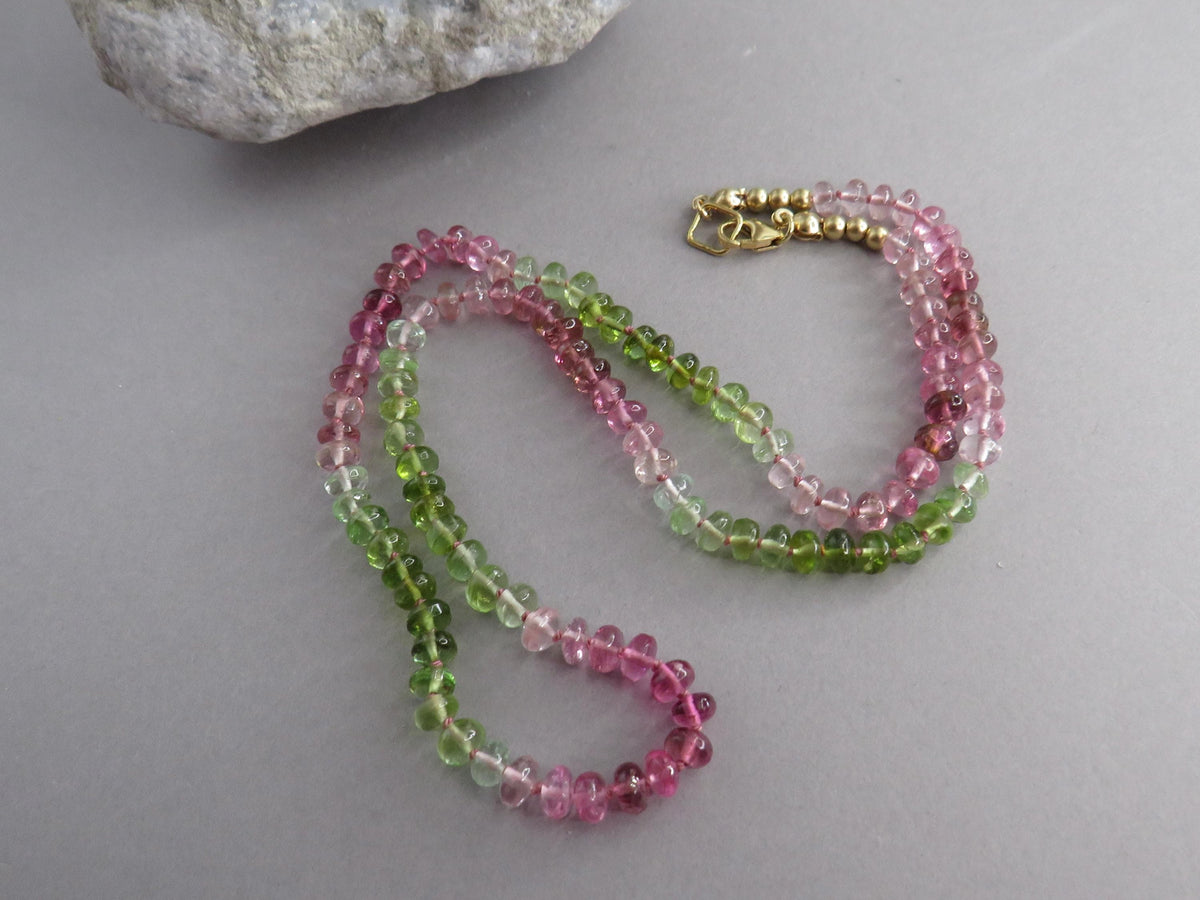 Tourmaline Necklace | Transparent Green and Pink | Hand Knotted Silk, 14k Gold Filled | October Birthstone | Layering 17.5 inches - - GemEnthusiast