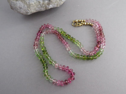 Tourmaline Necklace | Transparent Green and Pink | Hand Knotted Silk, 14k Gold Filled | October Birthstone | Layering 17.5 inches - - GemEnthusiast