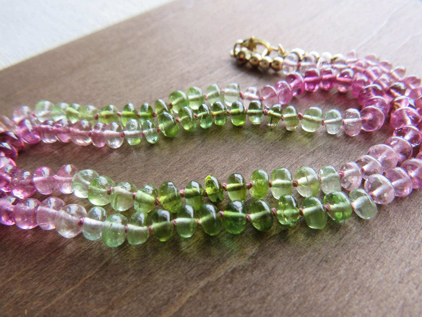 Tourmaline Necklace | Transparent Green and Pink | Hand Knotted Silk, 14k Gold Filled | October Birthstone | Layering 17.5 inches - - GemEnthusiast