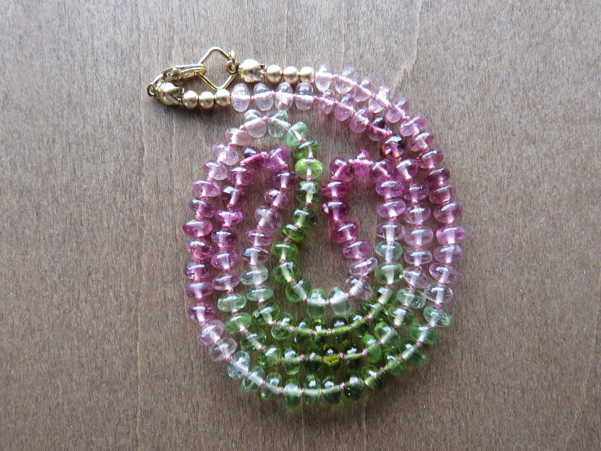 Tourmaline Necklace | Transparent Green and Pink | Hand Knotted Silk, 14k Gold Filled | October Birthstone | Layering 17.5 inches - - GemEnthusiast
