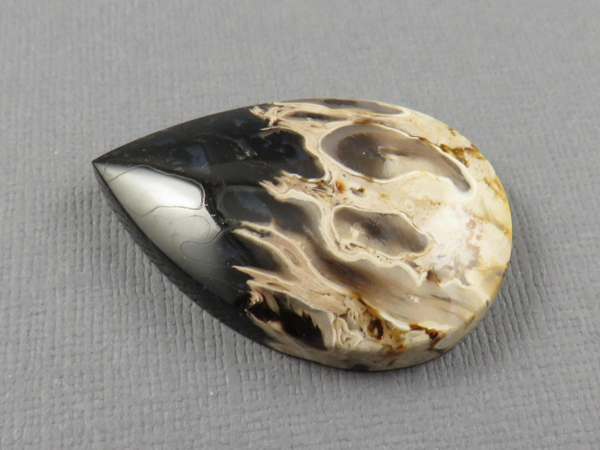 Fossilized Palm Root Pear Cabochon | Flame Pattern | 36x25mm, 44ct | White, Black, Yellow | PRF103 - - GemEnthusiast