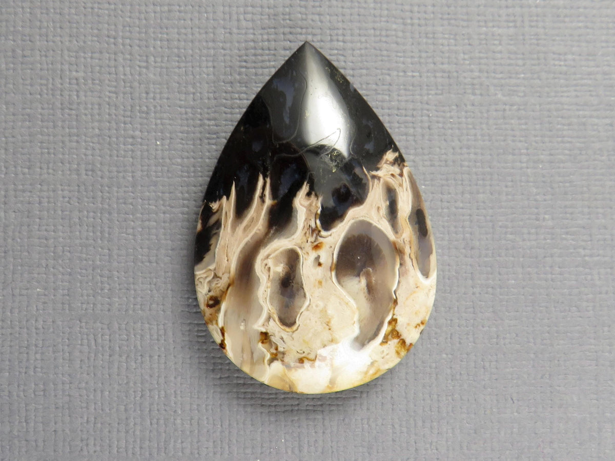 Fossilized Palm Root Pear Cabochon | Flame Pattern | 36x25mm, 44ct | White, Black, Yellow | PRF103 - - GemEnthusiast