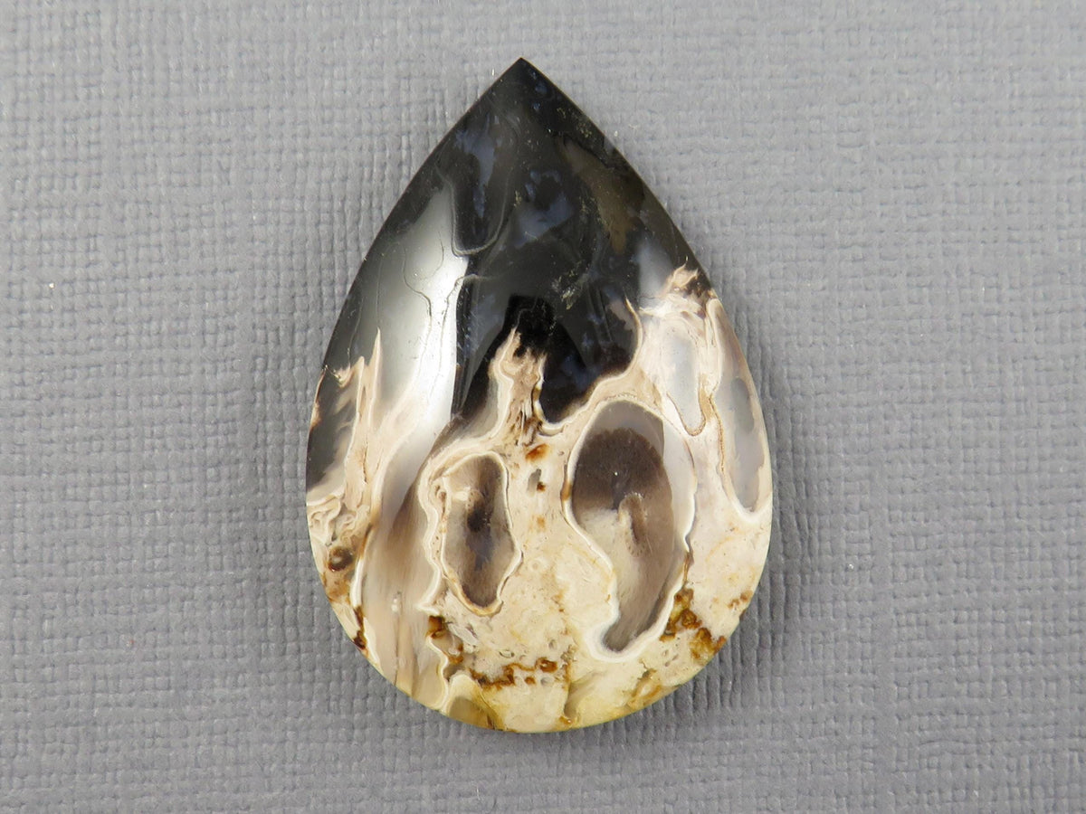 Fossilized Palm Root Pear Cabochon | Flame Pattern | 36x25mm, 44ct | White, Black, Yellow | PRF103 - - GemEnthusiast