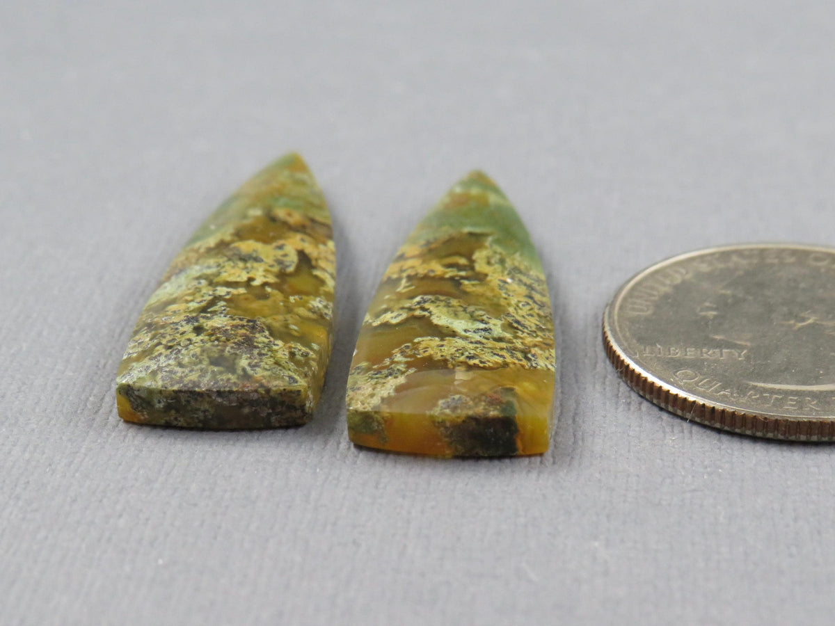 Moss Agate Cabochon Pair, 36x12mm, Green and Yellow, Indonesia (AG353) - - GemEnthusiast