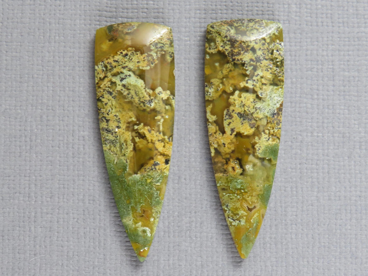 Moss Agate Cabochon Pair, 36x12mm, Green and Yellow, Indonesia (AG353) - - GemEnthusiast