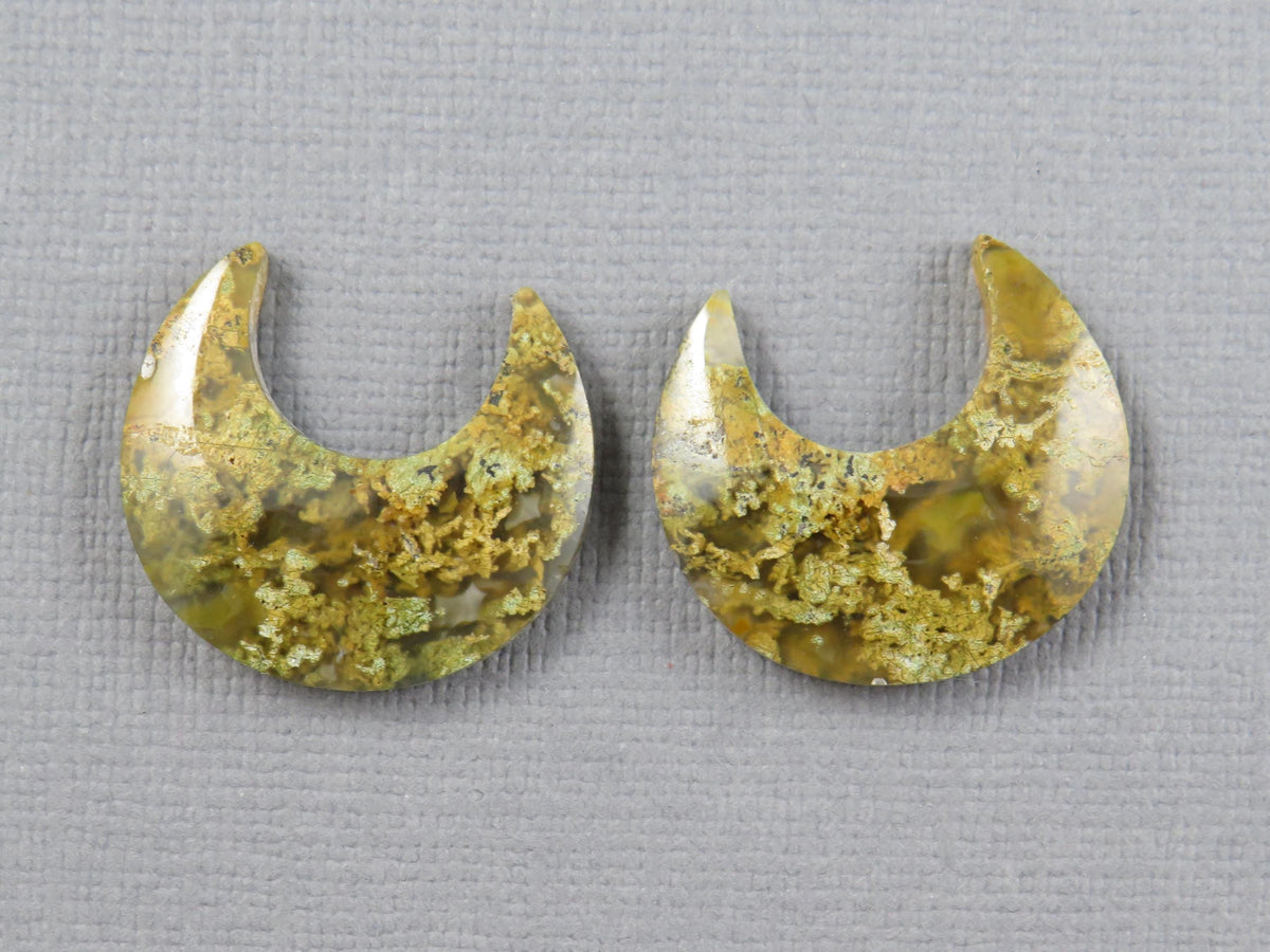 Green and Yellow Moss Agate Moon Cabochons, Carved Matched Pair, Indonesia | AG349 - - GemEnthusiast