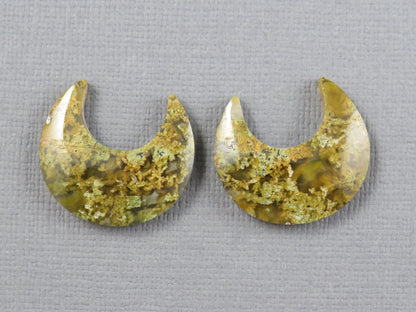 Green and Yellow Moss Agate Moon Cabochons, Carved Matched Pair, Indonesia | AG349 - - GemEnthusiast