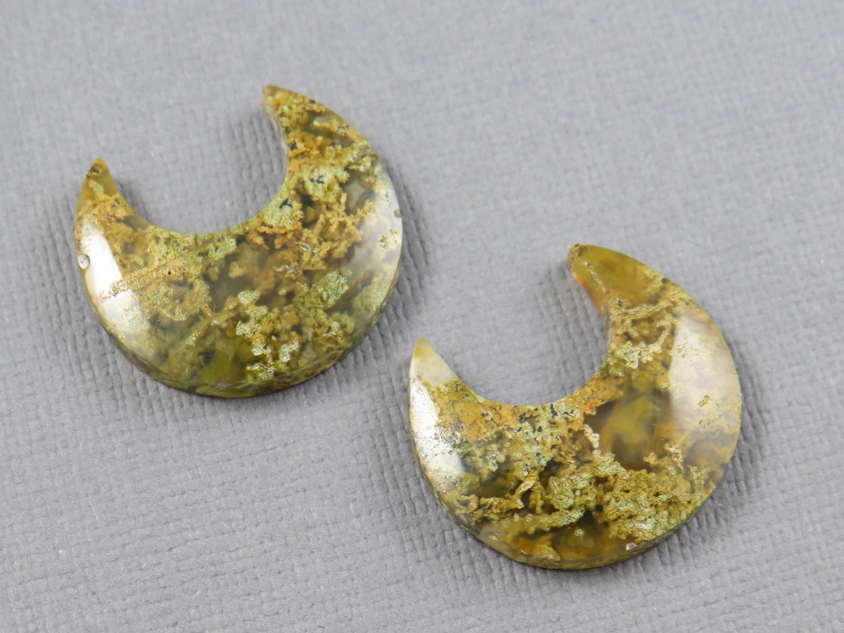 Green and Yellow Moss Agate Moon Cabochons, Carved Matched Pair, Indonesia | AG349 - - GemEnthusiast
