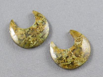 Green and Yellow Moss Agate Moon Cabochons, Carved Matched Pair, Indonesia | AG349 - - GemEnthusiast