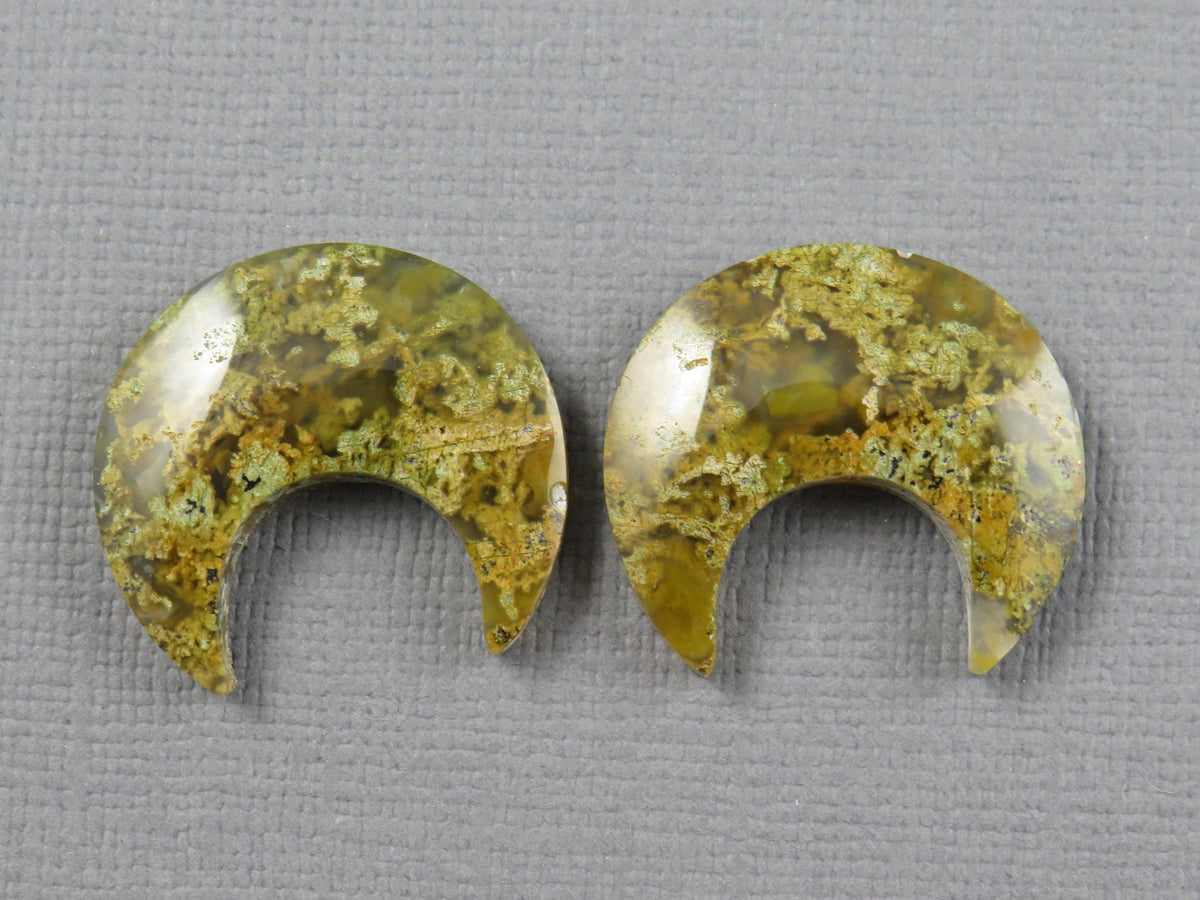 Green and Yellow Moss Agate Moon Cabochons, Carved Matched Pair, Indonesia | AG349 - - GemEnthusiast