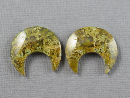 Green and Yellow Moss Agate Moon Cabochons, Carved Matched Pair, Indonesia | AG349 - - GemEnthusiast