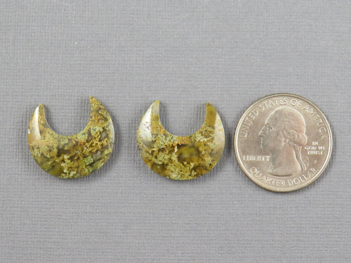 Green and Yellow Moss Agate Moon Cabochons, Carved Matched Pair, Indonesia | AG349 - - GemEnthusiast