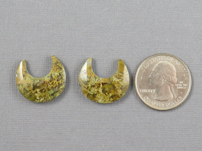 Green and Yellow Moss Agate Moon Cabochons, Carved Matched Pair, Indonesia | AG349 - - GemEnthusiast