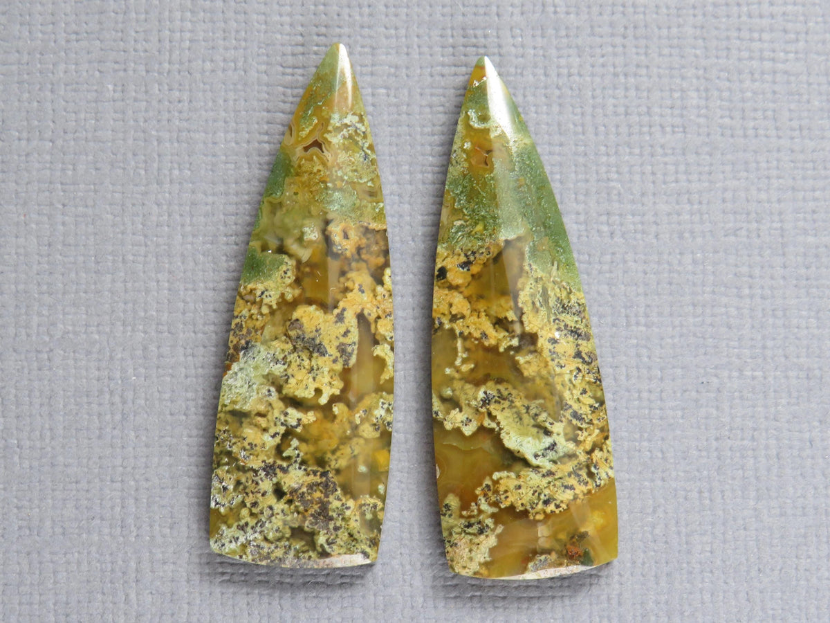 Moss Agate Cabochon Pair, 36x12mm, Green and Yellow, Indonesia (AG353) - - GemEnthusiast