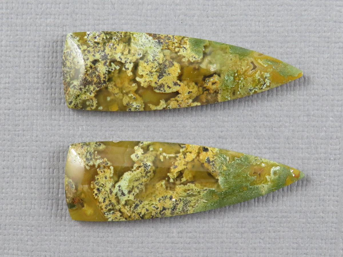 Moss Agate Cabochon Pair, 36x12mm, Green and Yellow, Indonesia (AG353) - - GemEnthusiast