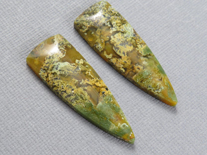 Moss Agate Cabochon Pair, 36x12mm, Green and Yellow, Indonesia (AG353) - - GemEnthusiast