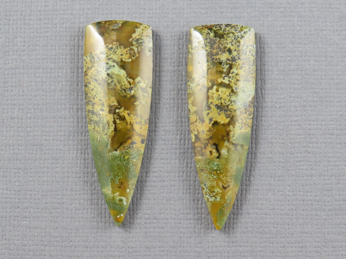 Moss Agate Cabochon Pair, 36x12mm, Green and Yellow, Indonesia (AG353) - - GemEnthusiast