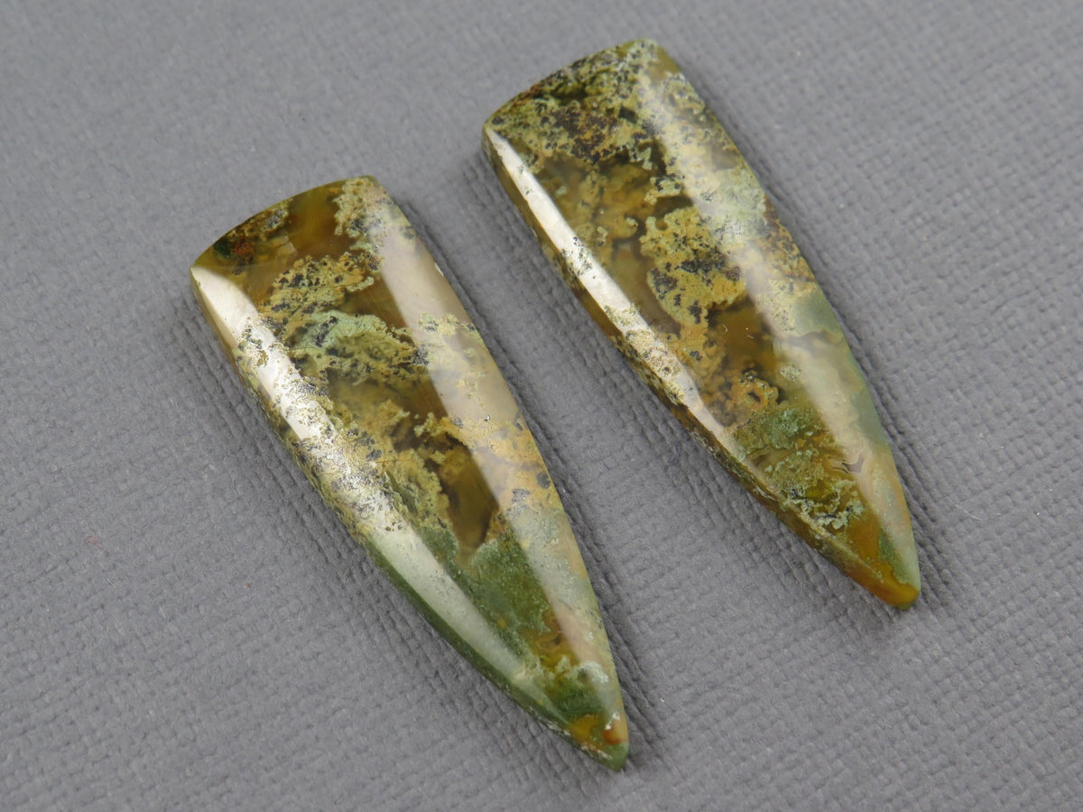 Moss Agate Cabochon Pair, 36x12mm, Green and Yellow, Indonesia (AG353) - - GemEnthusiast