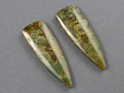 Moss Agate Cabochon Pair, 36x12mm, Green and Yellow, Indonesia (AG353) - - GemEnthusiast
