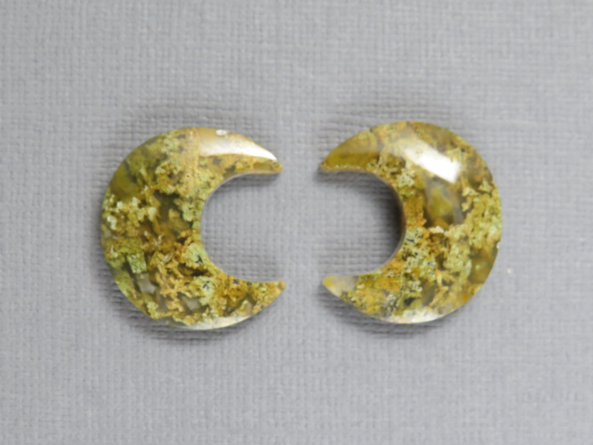 Green and Yellow Moss Agate Moon Cabochons, Carved Matched Pair, Indonesia | AG349 - - GemEnthusiast