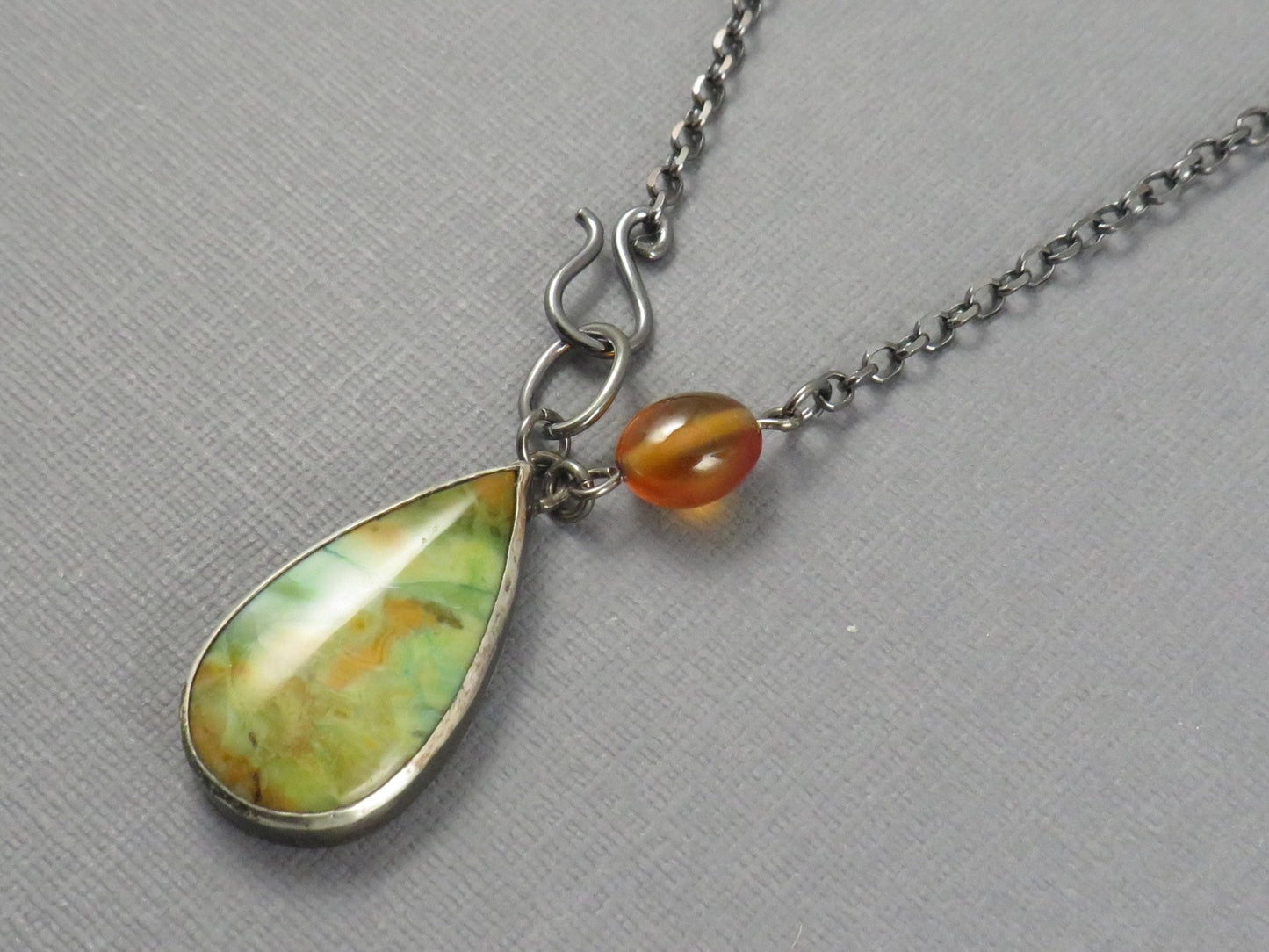 Petrified Wood Opal and Spessartine Garnet Necklace | Sterling Silver | Handmade | 22 inch chain | NEC101 - Gem Enthusiast