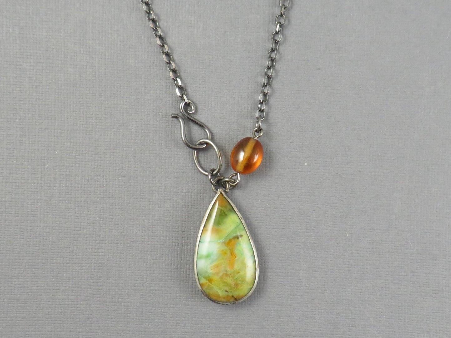 Petrified Wood Opal and Spessartine Garnet Necklace | Sterling Silver | Handmade | 22 inch chain | NEC101 - Gem Enthusiast