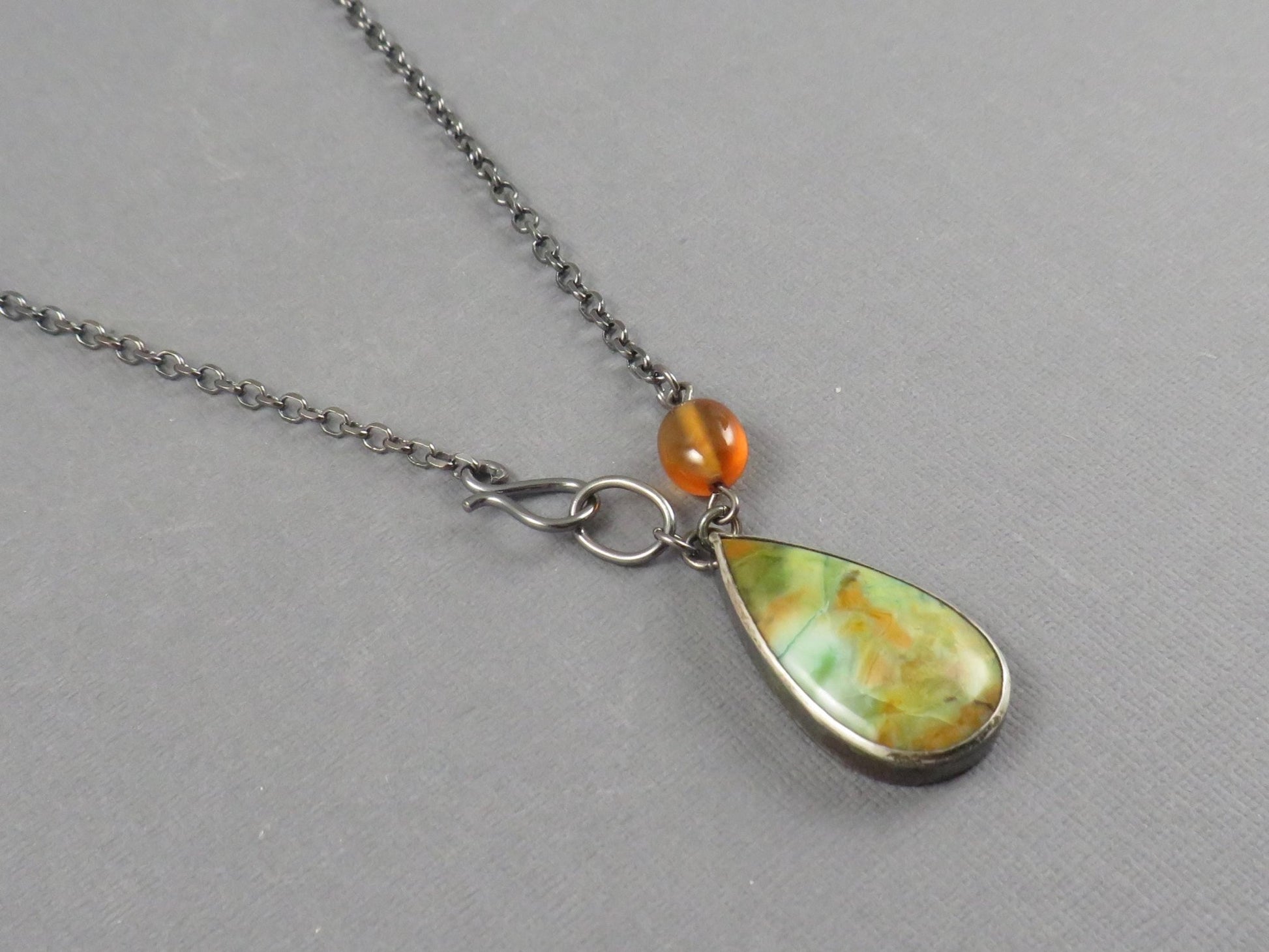 Petrified Wood Opal and Spessartine Garnet Necklace | Sterling Silver | Handmade | 22 inch chain | NEC101 - Gem Enthusiast
