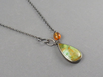 Petrified Wood Opal and Spessartine Garnet Necklace | Sterling Silver | Handmade | 22 inch chain | NEC101 - Gem Enthusiast