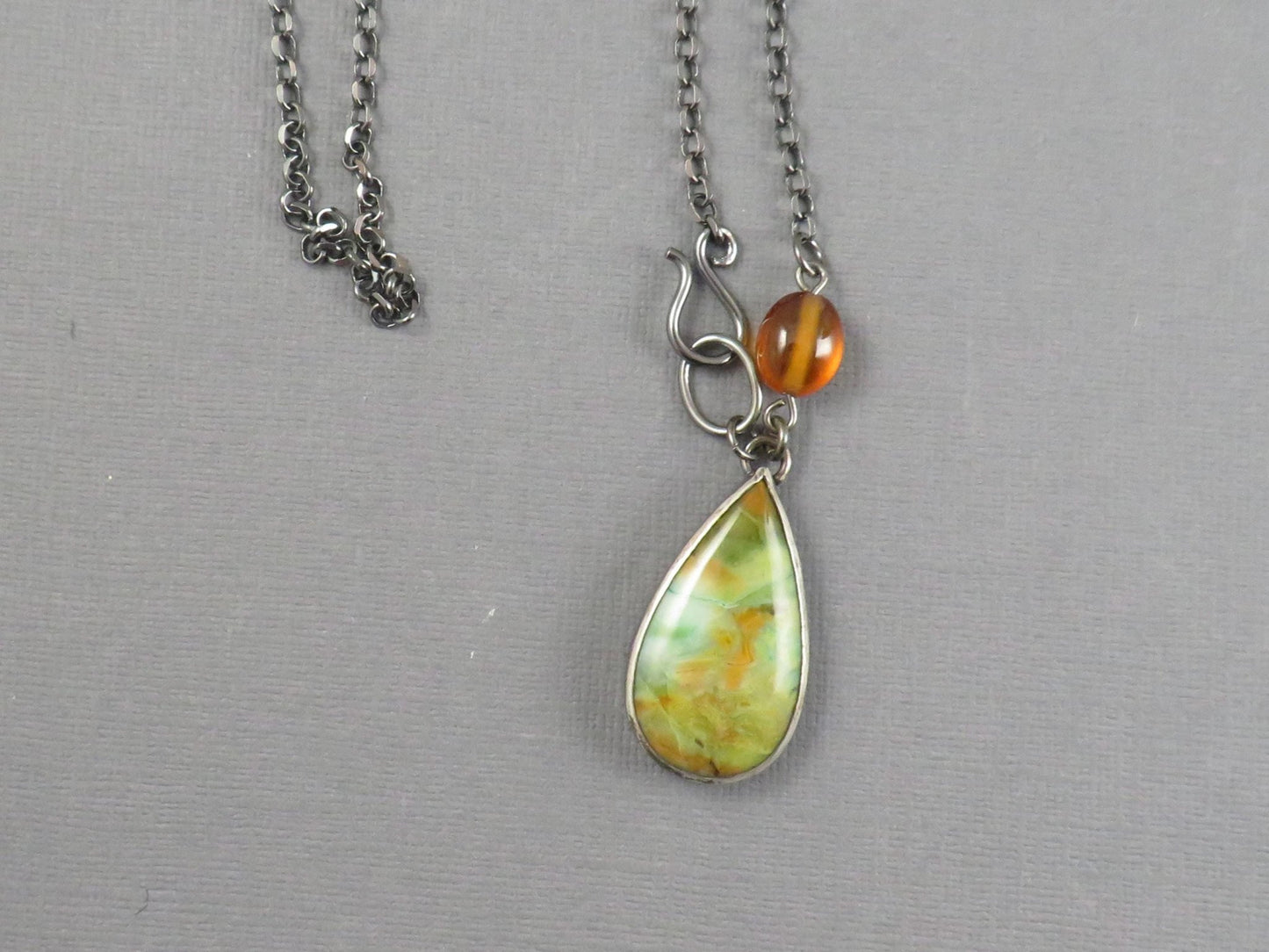 Petrified Wood Opal and Spessartine Garnet Necklace | Sterling Silver | Handmade | 22 inch chain | NEC101 - Gem Enthusiast