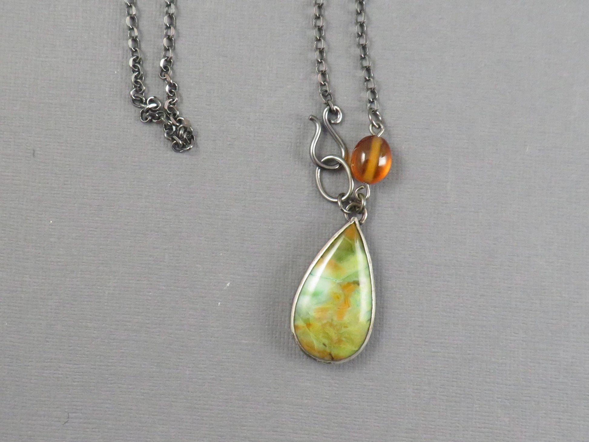 Petrified Wood Opal and Spessartine Garnet Necklace | Sterling Silver | Handmade | 22 inch chain | NEC101 - Gem Enthusiast