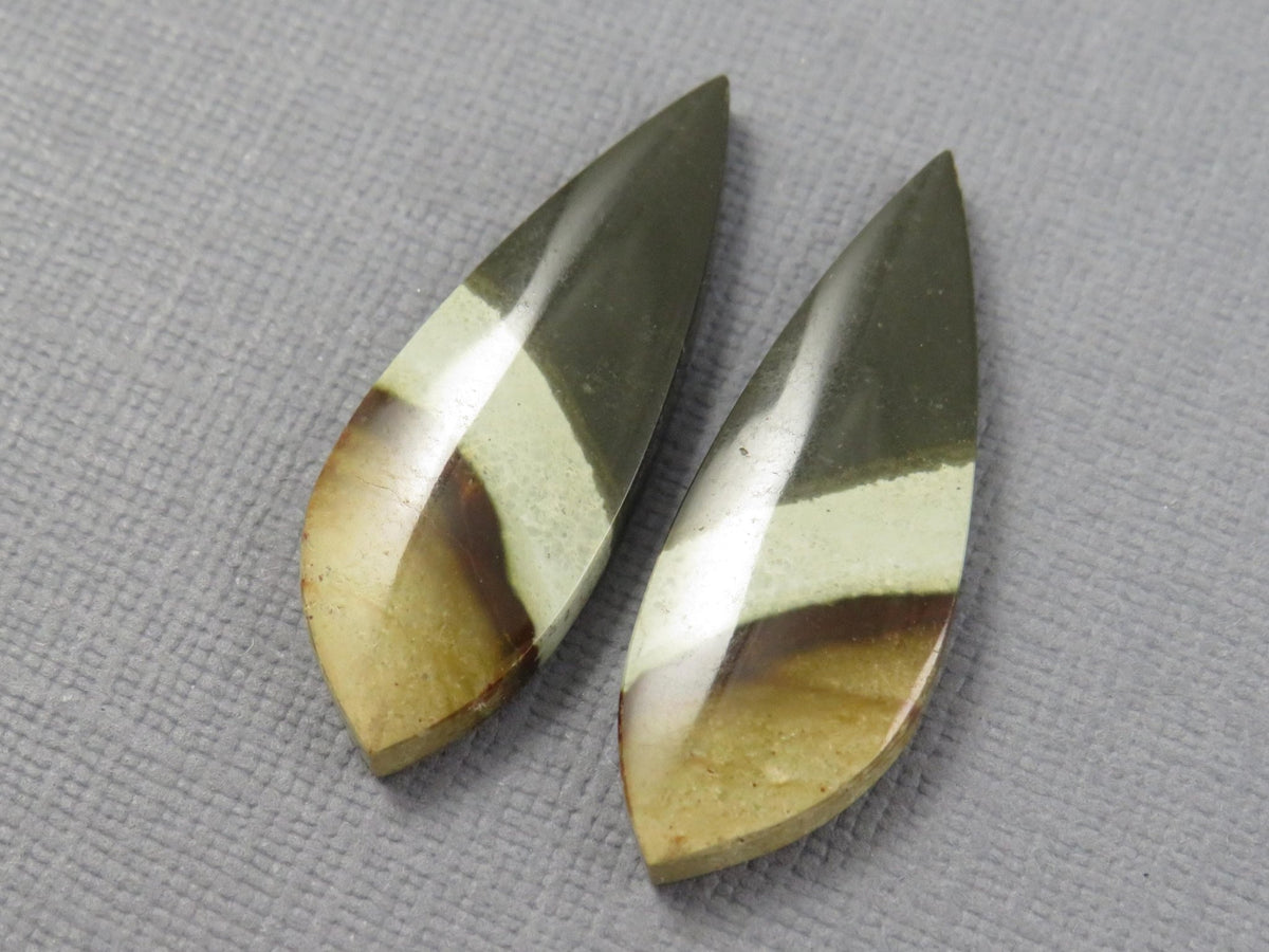 Polychrome Jasper Teardrop Cabochon Pair, Green and Brown Gemstone from Indonesia 34x12mm (JP104) - Gem Enthusiast