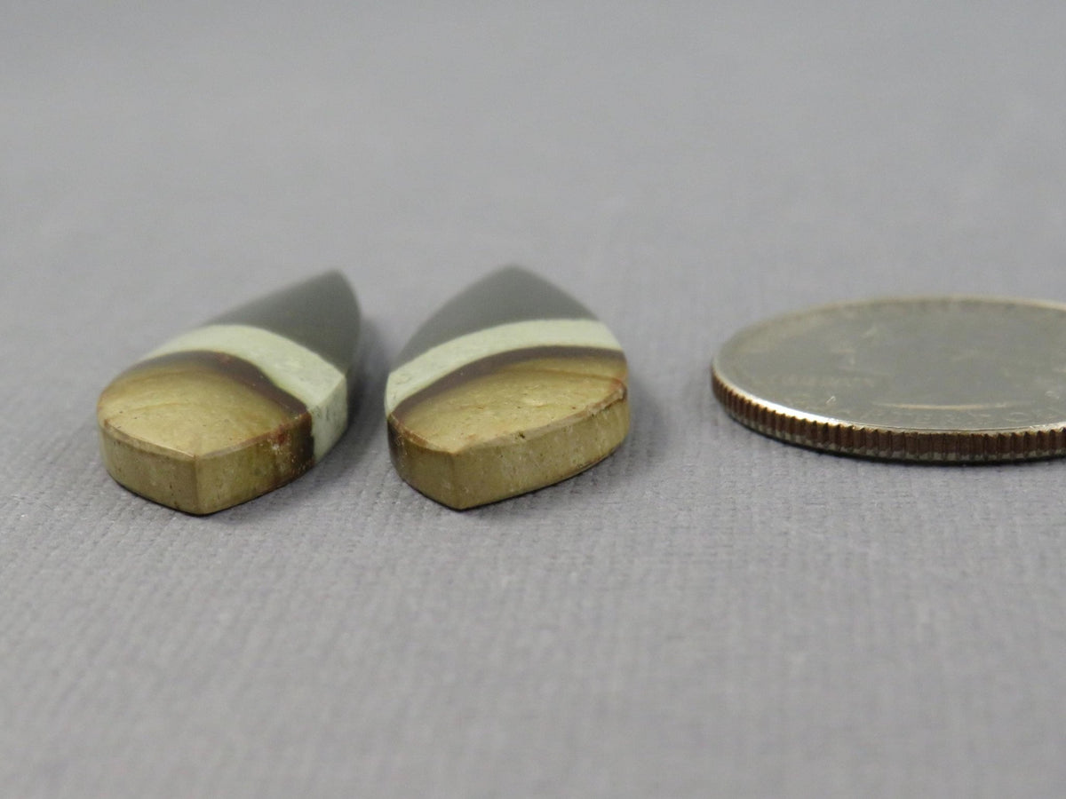 Polychrome Jasper Teardrop Cabochon Pair, Green and Brown Gemstone from Indonesia 34x12mm (JP104) - Gem Enthusiast
