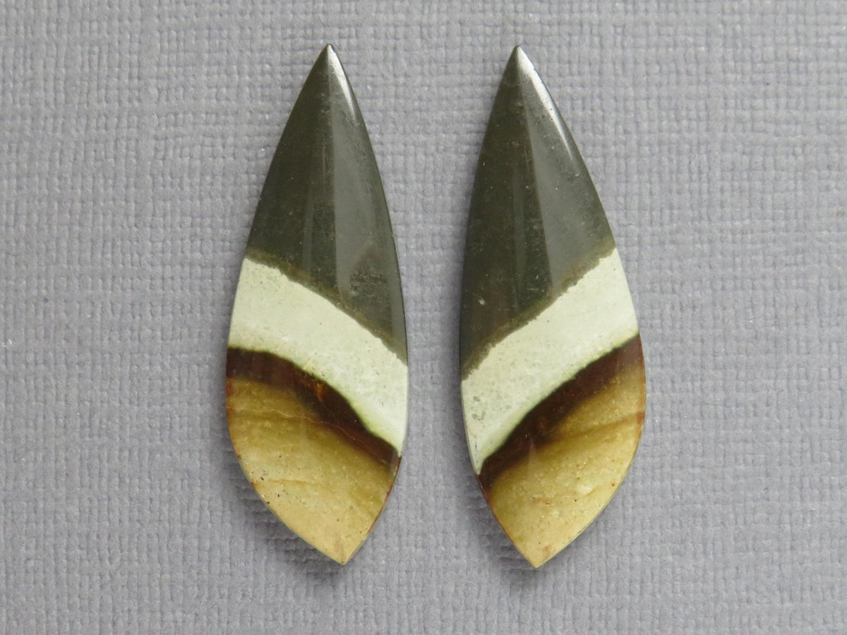 Polychrome Jasper Teardrop Cabochon Pair, Green and Brown Gemstone from Indonesia 34x12mm (JP104) - Gem Enthusiast
