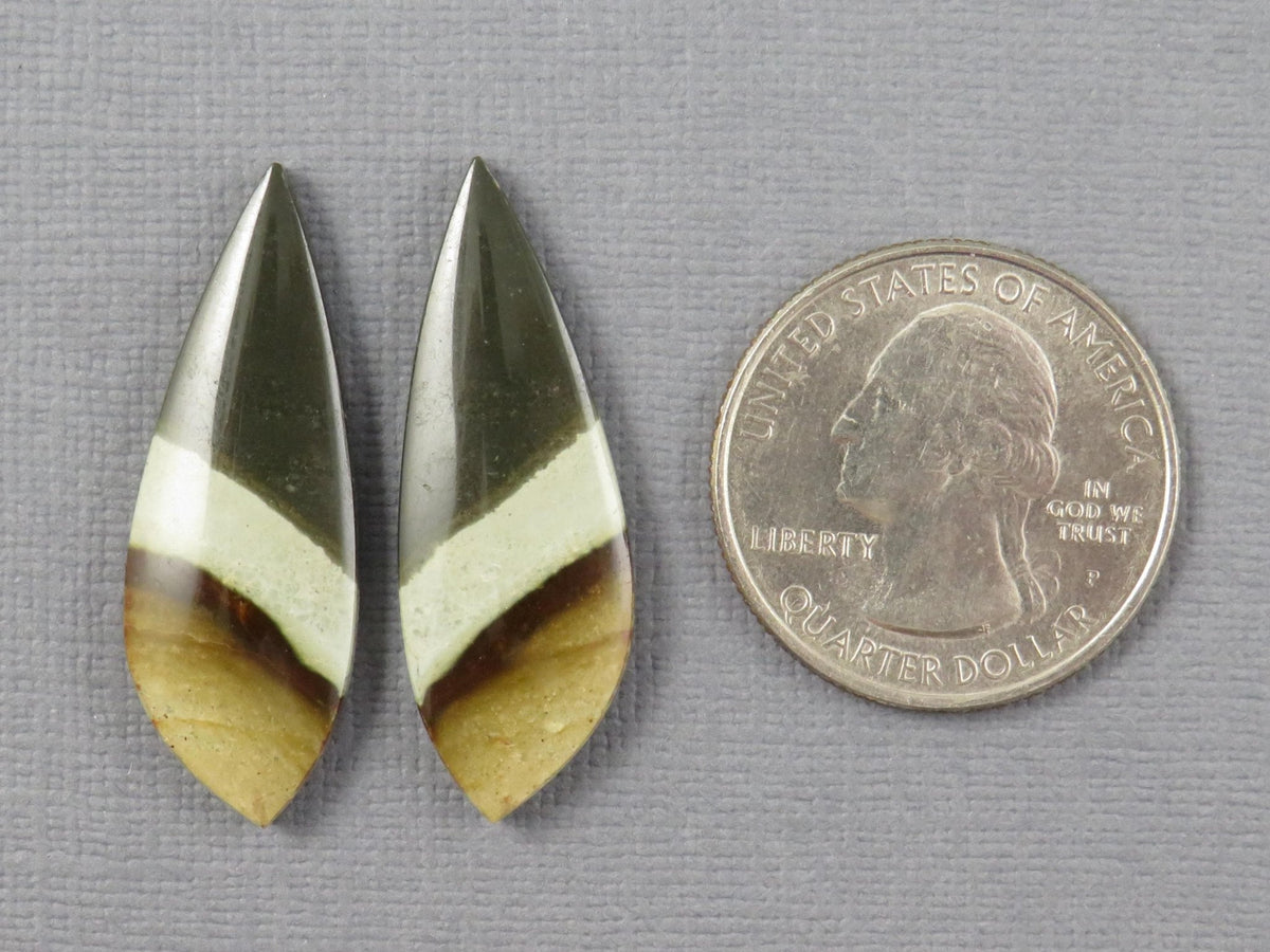 Polychrome Jasper Teardrop Cabochon Pair, Green and Brown Gemstone from Indonesia 34x12mm (JP104) - Gem Enthusiast