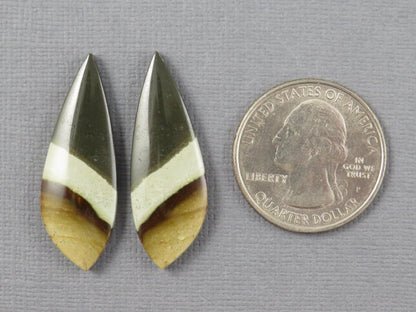 Polychrome Jasper Teardrop Cabochon Pair, Green and Brown Gemstone from Indonesia 34x12mm (JP104) - Gem Enthusiast